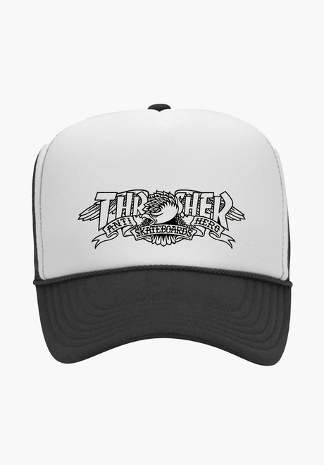 Thrasher x Antihero Mag Banner Trucker Cap white-black – Vorderansicht