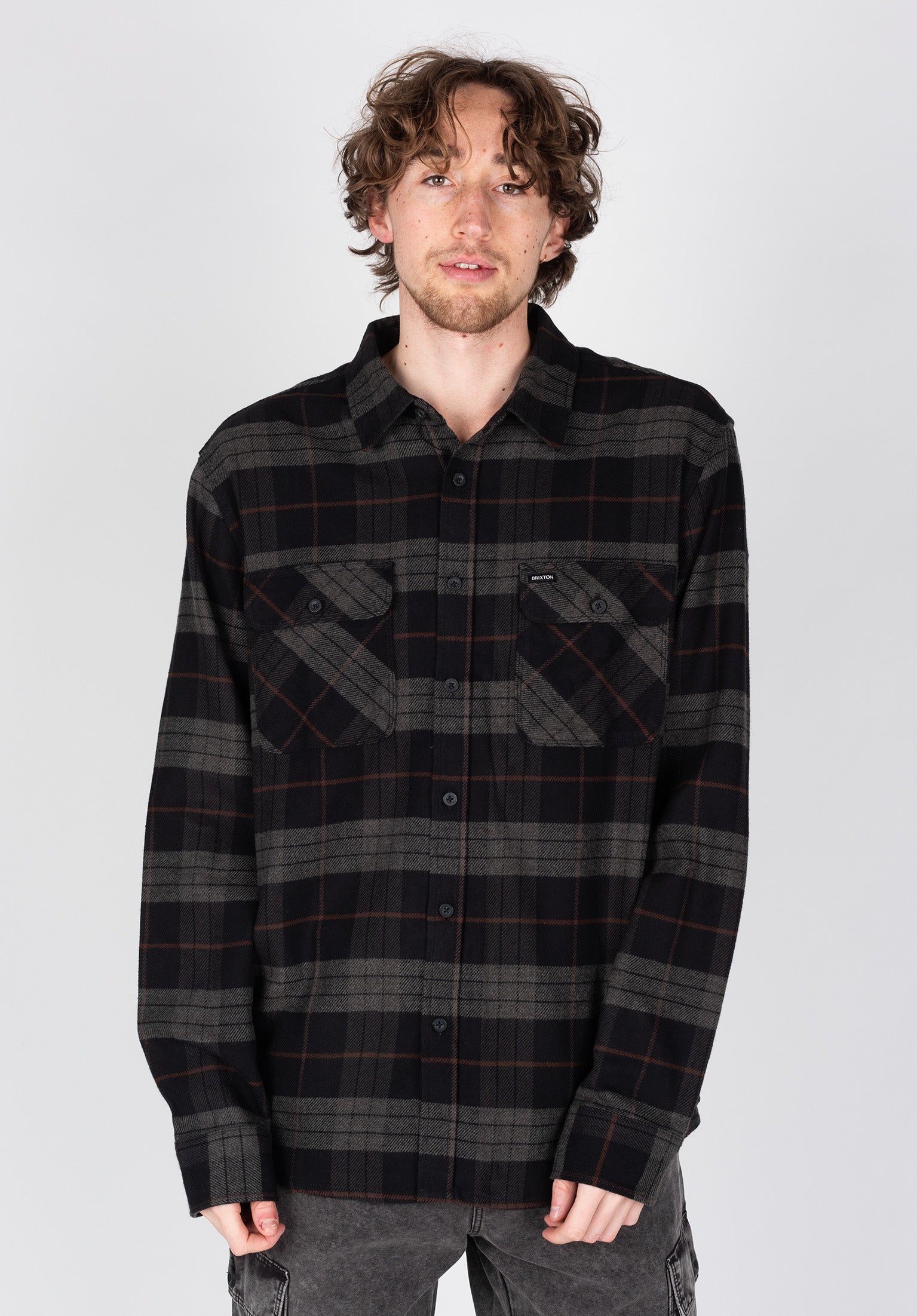 Bowery Flannel Brixton Hemd Langarm in black charcoal fur c TITUS